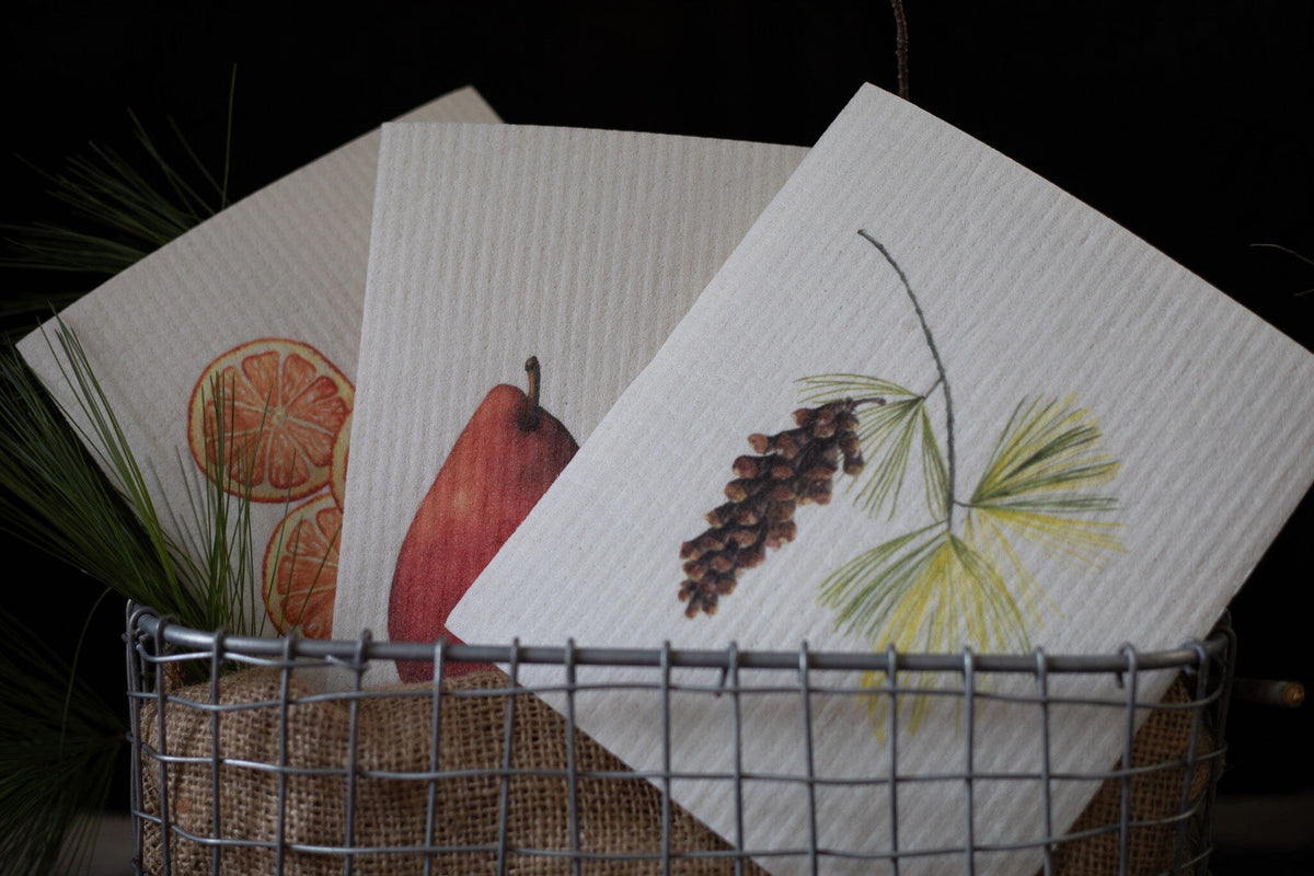 Hostess set of 3 | Pears, Tangerine, and Pinecone (Botanical artist Cara Cummings) Swedish Dishcloths La Vie Bien Hostess set of 3 | Pears, Tangerine, and Pinecone (Botanical artist Cara Cummings)