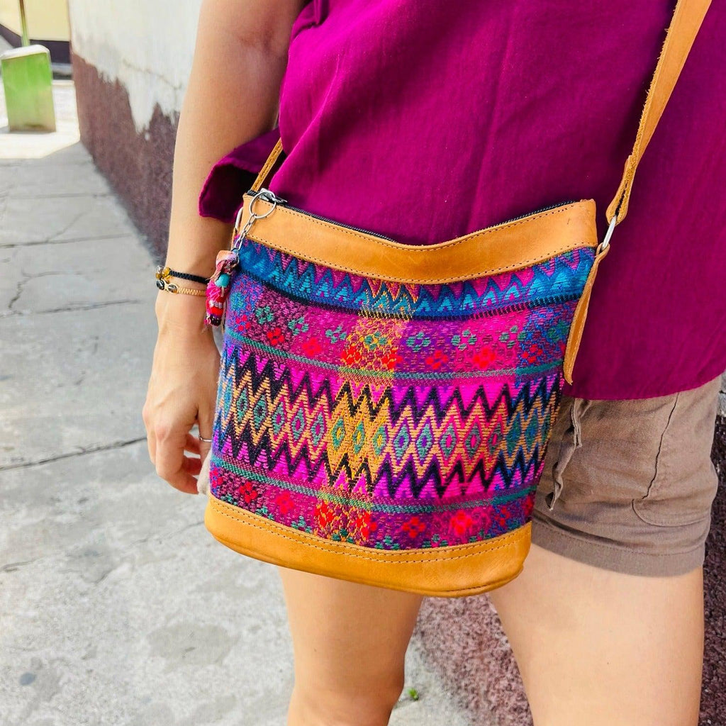 Huipil Upcycled Leather Crossbody Adjustable Strap Bag - Guatemala Bags La Vie Bien Huipil Upcycled Leather Crossbody Adjustable Strap Bag - Guatemala