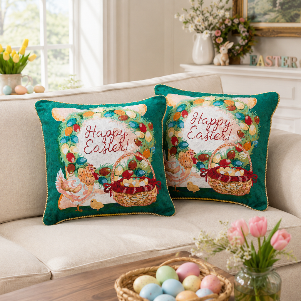 Set of 2 Happy Easter & Easter Eggs Throw Pillow Covers