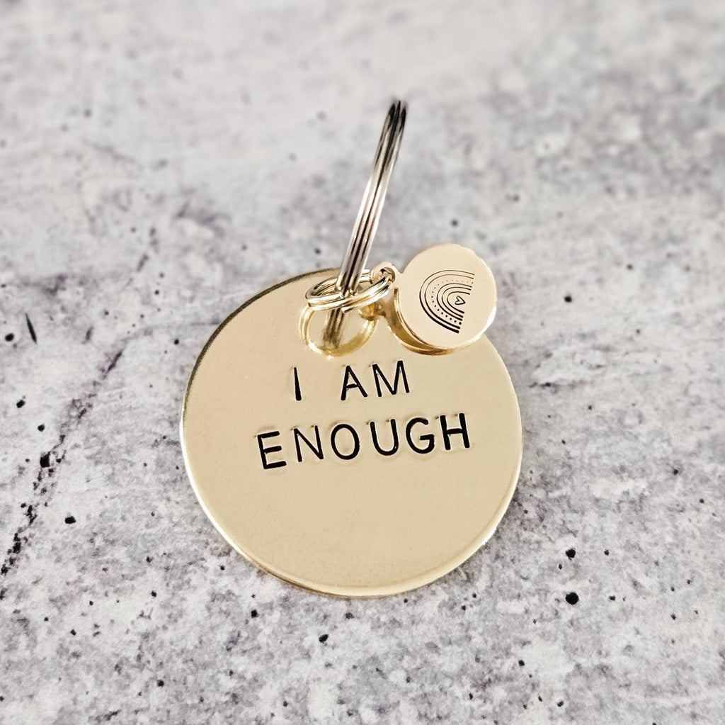 I AM ENOUGH Brass Keychain with Rainbow Emoji Keychains La Vie Bien I AM ENOUGH Brass Keychain with Rainbow Emoji