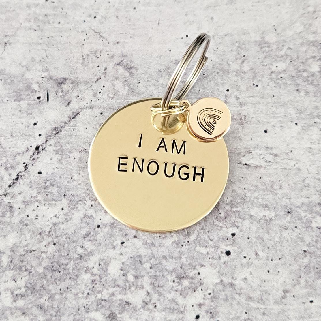 I AM ENOUGH Brass Keychain with Rainbow Emoji Keychains La Vie Bien I AM ENOUGH Brass Keychain with Rainbow Emoji