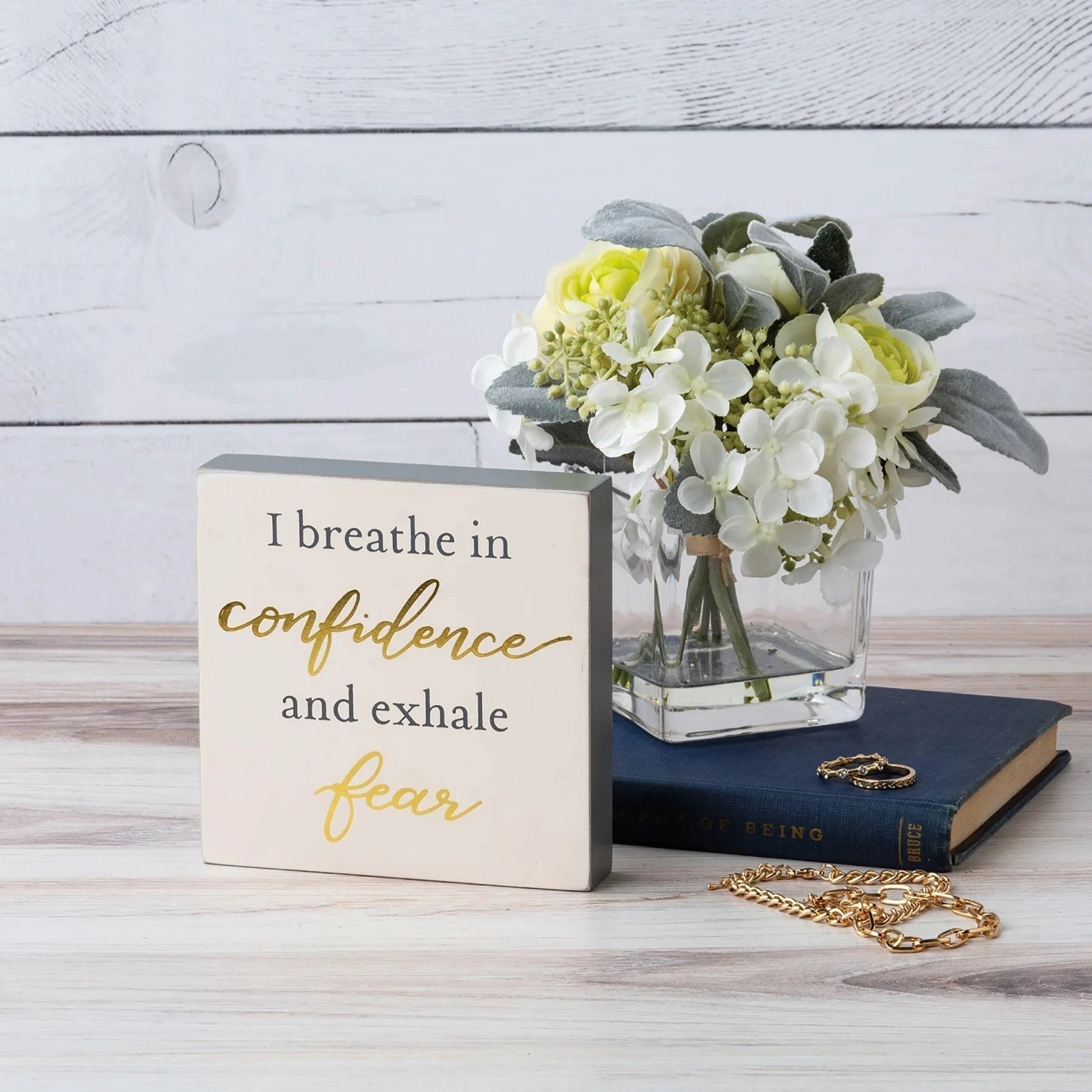I Breathe In Confidence And Exhale Fear Inspo Block Sign | Metallic Copper Details by The Bullish Store