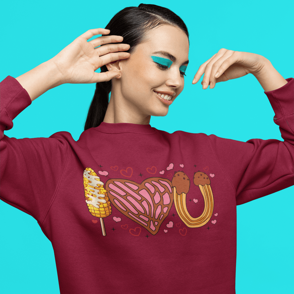 I Love You (Elote, Concha, Churro Love Fest) Latino Valentine's Day Comfy Crewneck Sweater | Funny Mexican Viral | 3 Colors Sweatshirt La Vie Bien I Love You (Elote, Concha, Churro Love Fest) Latino Valentine's Day Comfy Crewneck Sweater | Funny Mexican Viral | 3 Colors