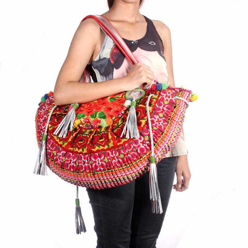 Ibiza Vintage Hmong Textile Half Moon Tote XL - Thailand Bags La Vie Bien Ibiza Vintage Hmong Textile Half Moon Tote XL - Thailand