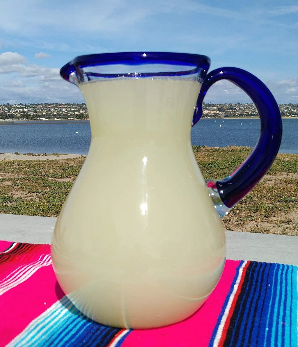 Cobalt Blue Rim & Handle Glass Pitcher – Juice, Margaritas, Water, Lemonade (84 oz) by Dos Sueños