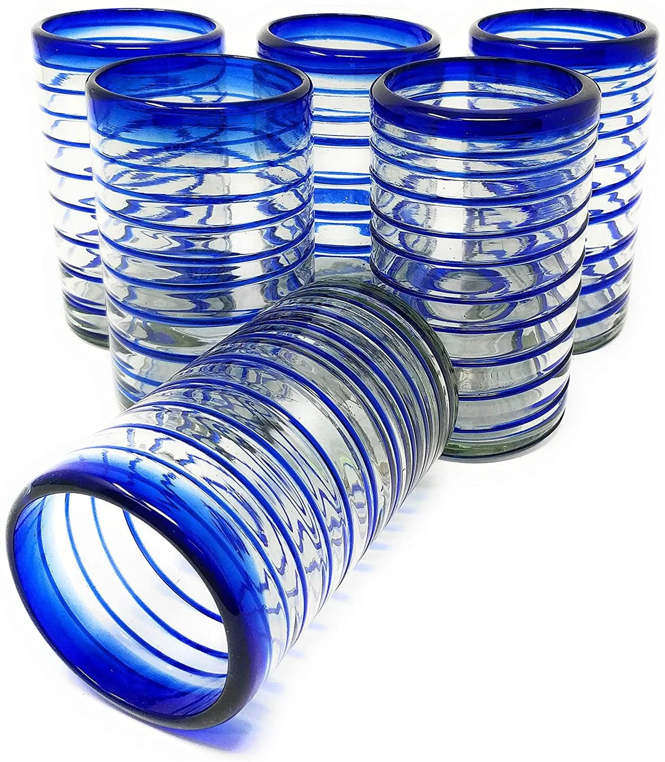 Cobalt Blue Spiral Design Drinking Glasses - Set of 6 (14 oz each) by Dos Sueños