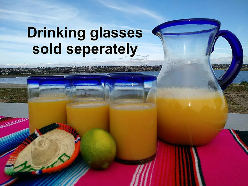 Cobalt Blue Rim & Handle Glass Pitcher – Juice, Margaritas, Water, Lemonade (84 oz) by Dos Sueños