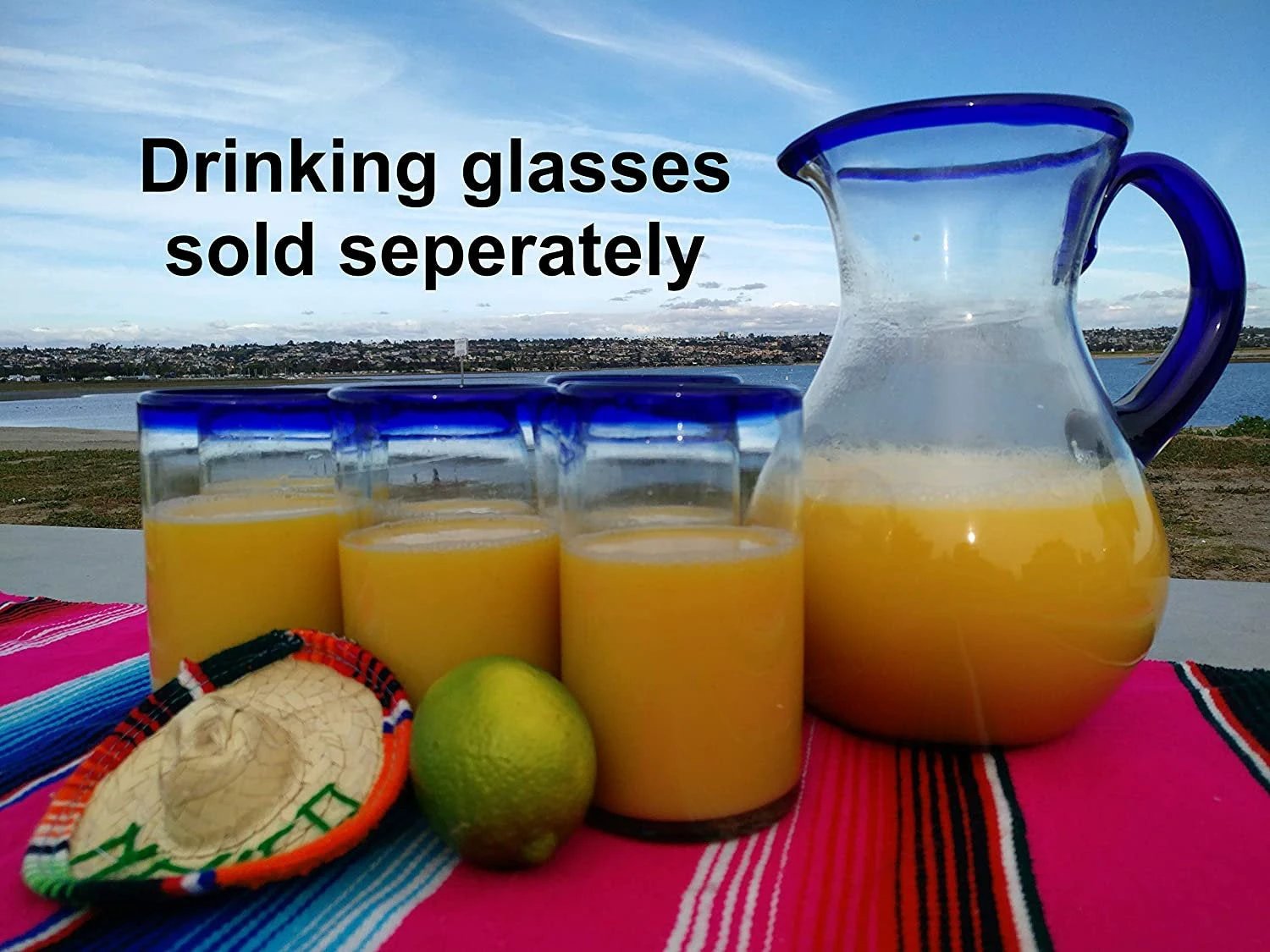 Cobalt Blue Rim & Handle Glass Pitcher – Juice, Margaritas, Water, Lemonade (84 oz) by Dos Sueños