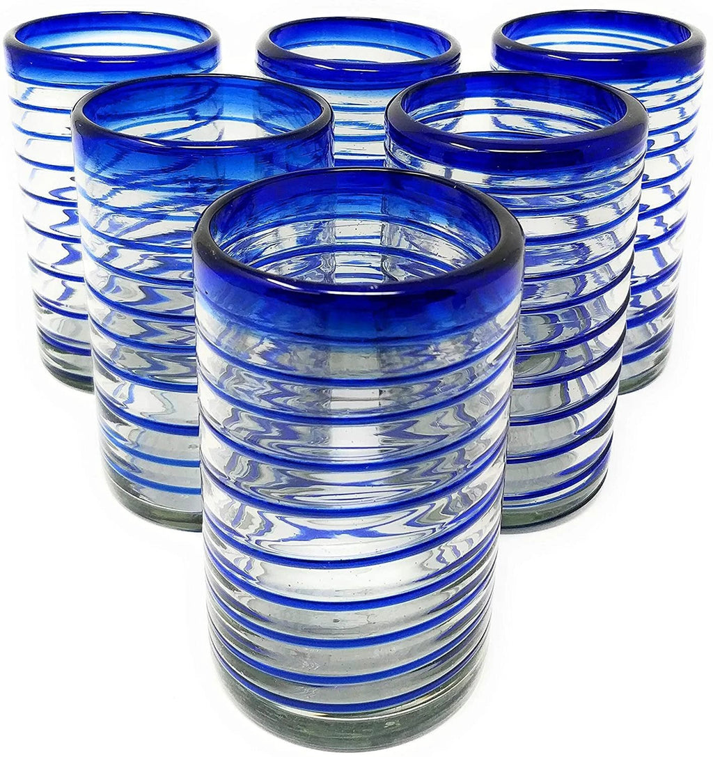 Cobalt Blue Spiral Design Drinking Glasses - Set of 6 (14 oz each) by Dos Sueños