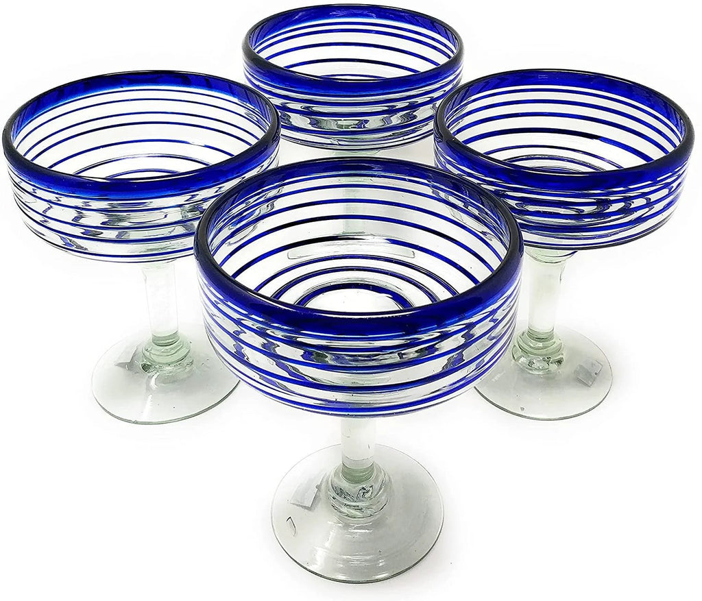 Cobalt Blue Spiral Design Margarita Glasses - Set of 4 (16 oz each) by Dos Sueños