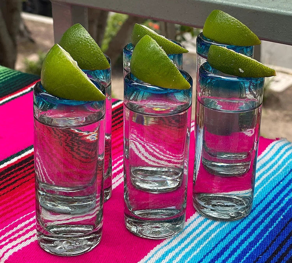 Aqua Rim Tequila Shot Glasses - Set of 6 (2 oz each) by Dos Sueños