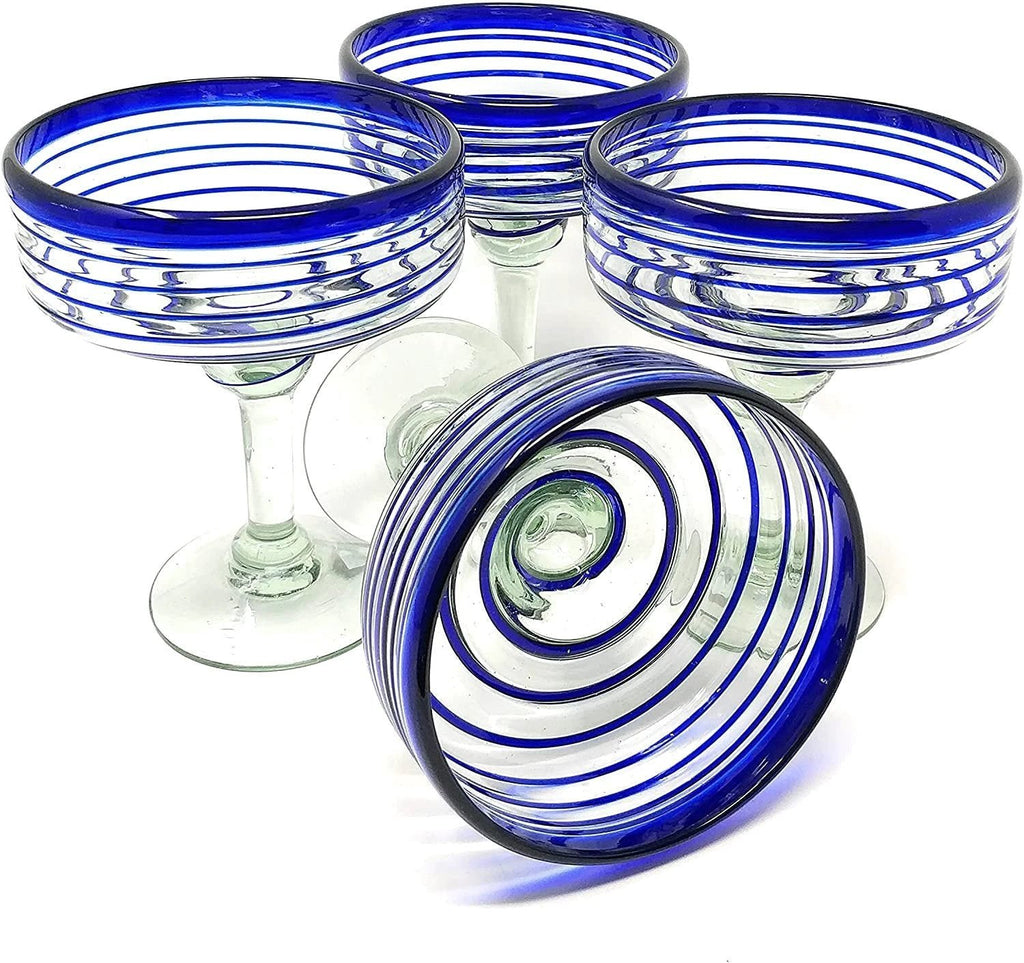 Cobalt Blue Spiral Design Margarita Glasses - Set of 4 (16 oz each) by Dos Sueños