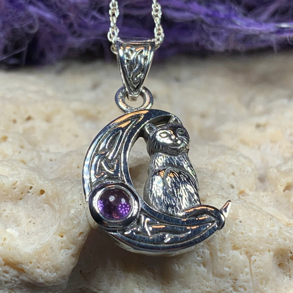 Celtic Cat in the Moon Necklace in Sterling Silver