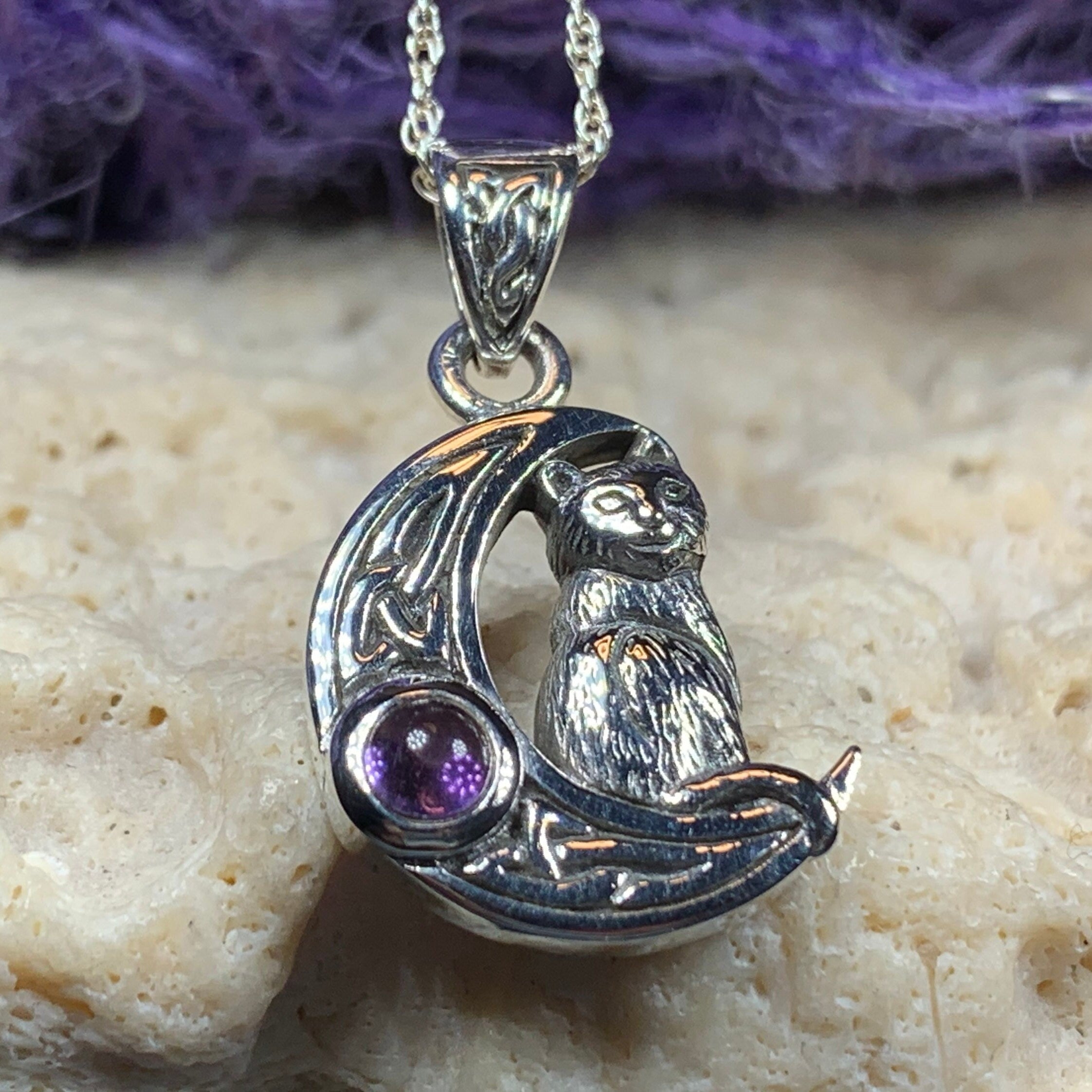 Celtic Cat in the Moon Necklace in Sterling Silver