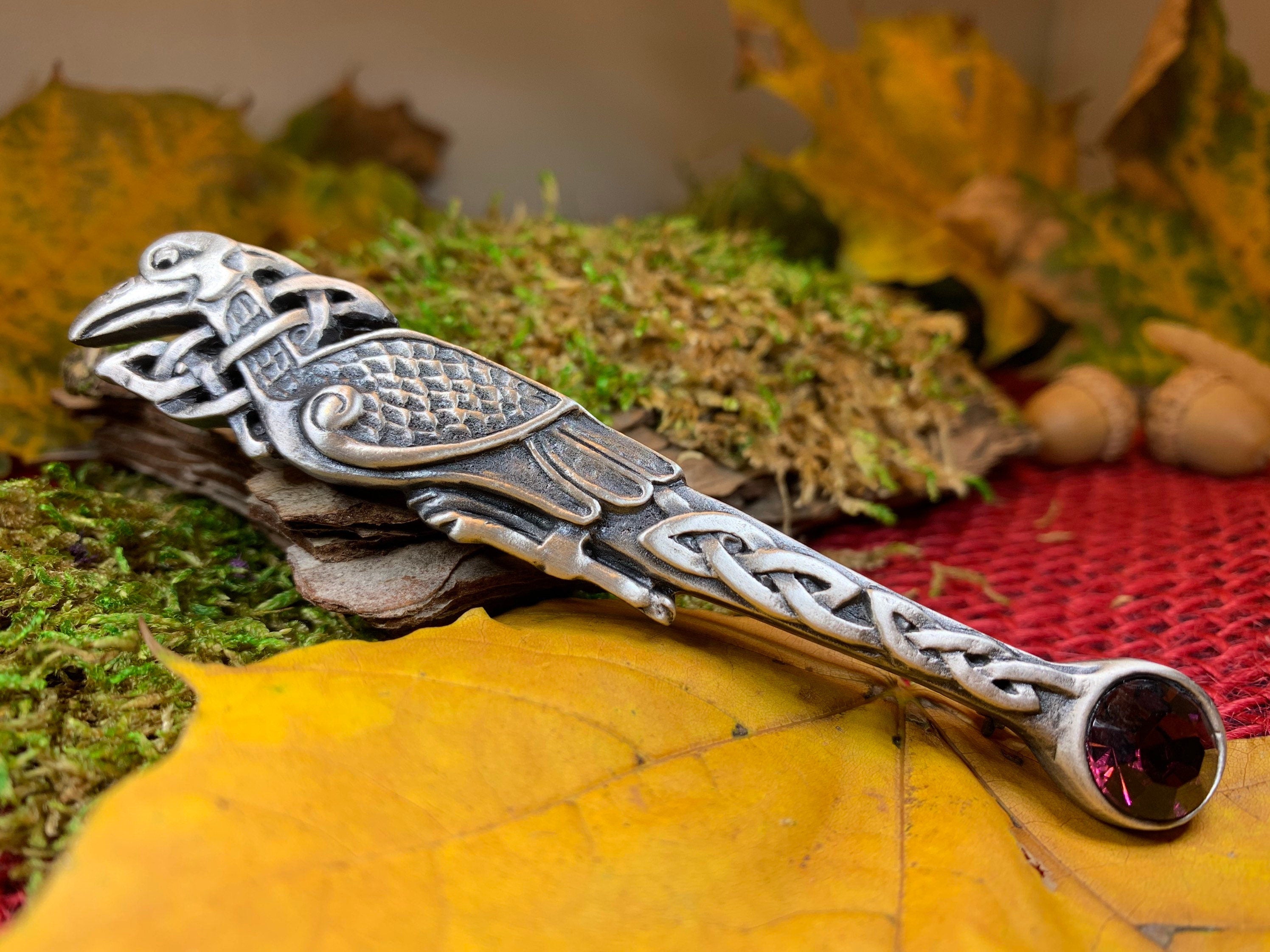 Celtic Raven Crystal Kilt Pin - Handmade in Scotland