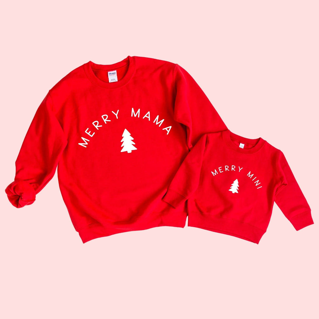 Merry Mama and Merry Mini Christmas Sweatshirt Set for holiday photos by Benny and Ray Apparel
