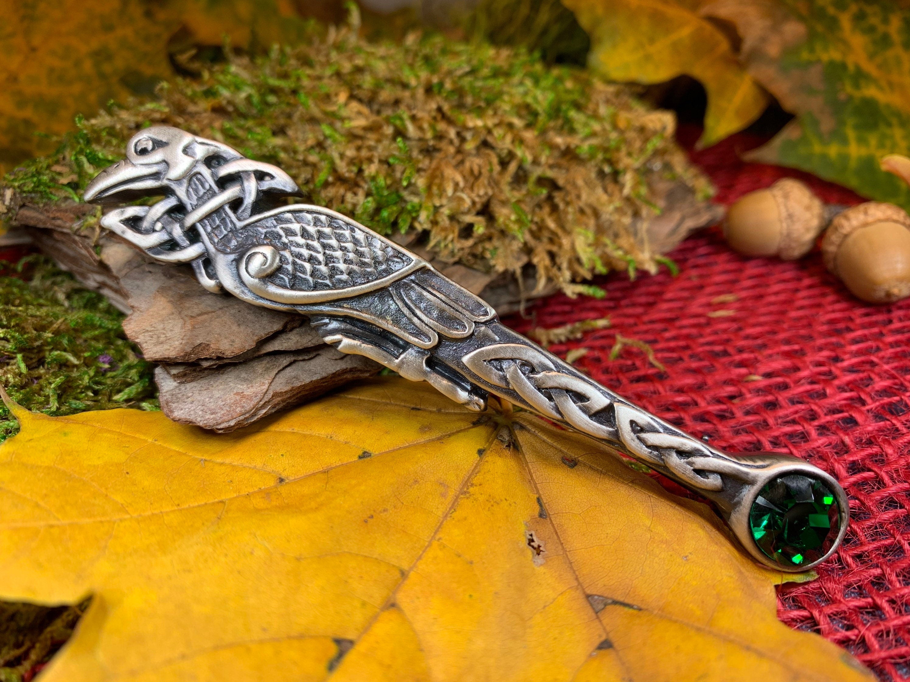 Celtic Raven Crystal Kilt Pin - Handmade in Scotland