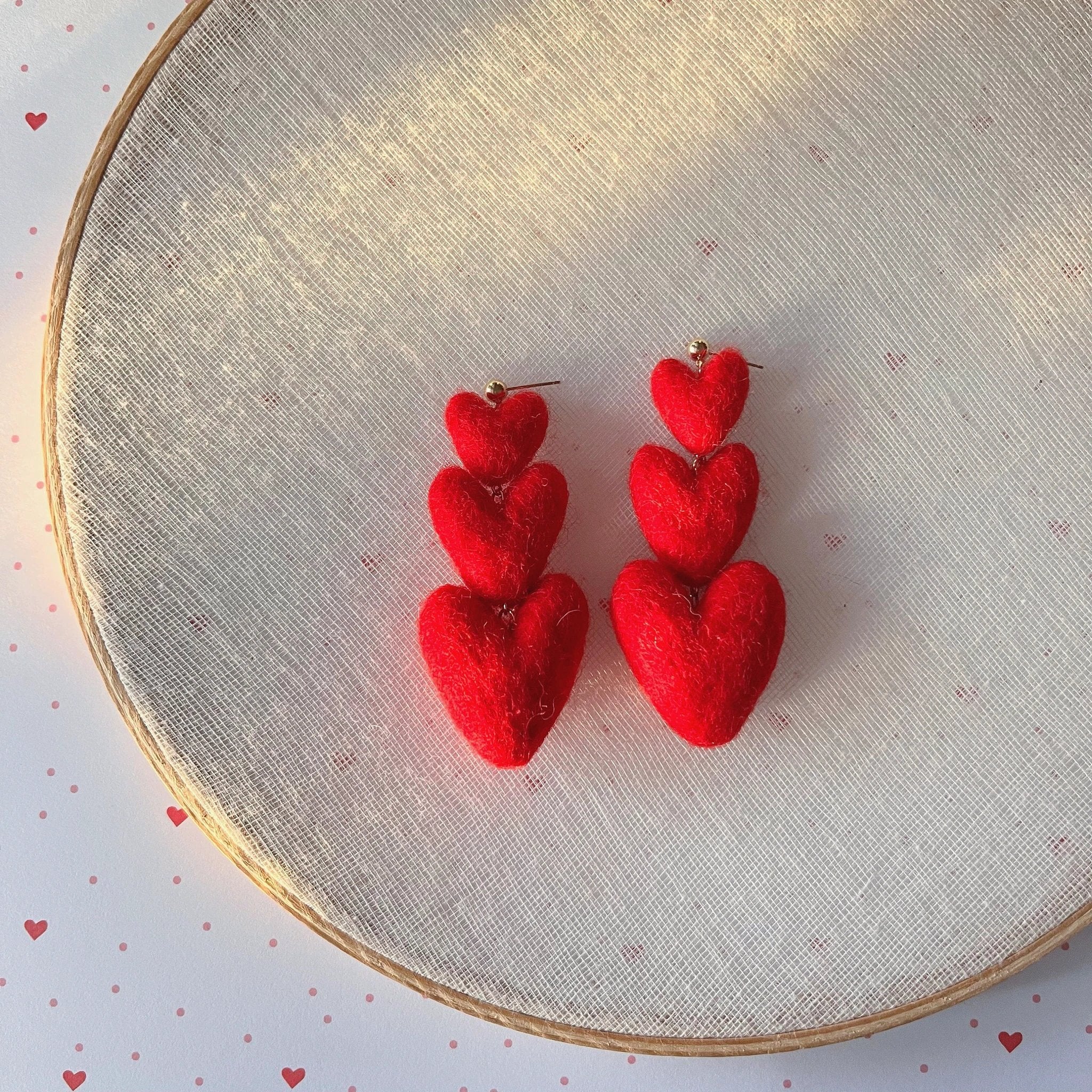 Three Tiered Heart Felt Dangle Earrings by honeyloomdesigns