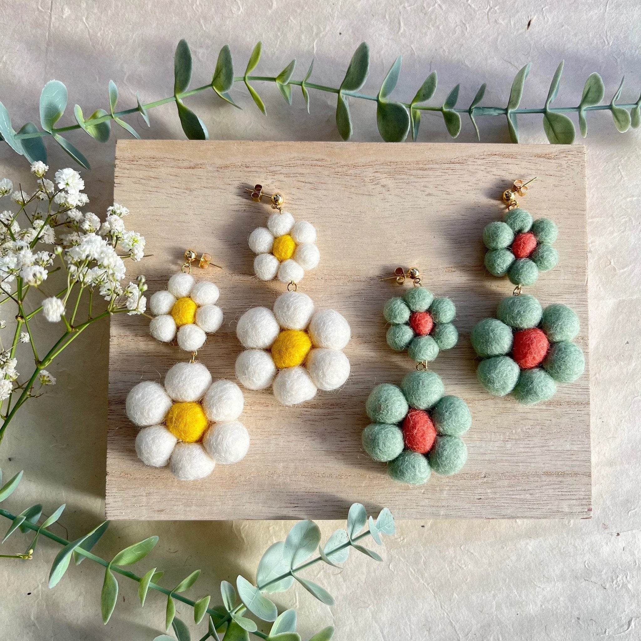 Sea Foam & Coral Double Daisy Earrings by honeyloomdesigns