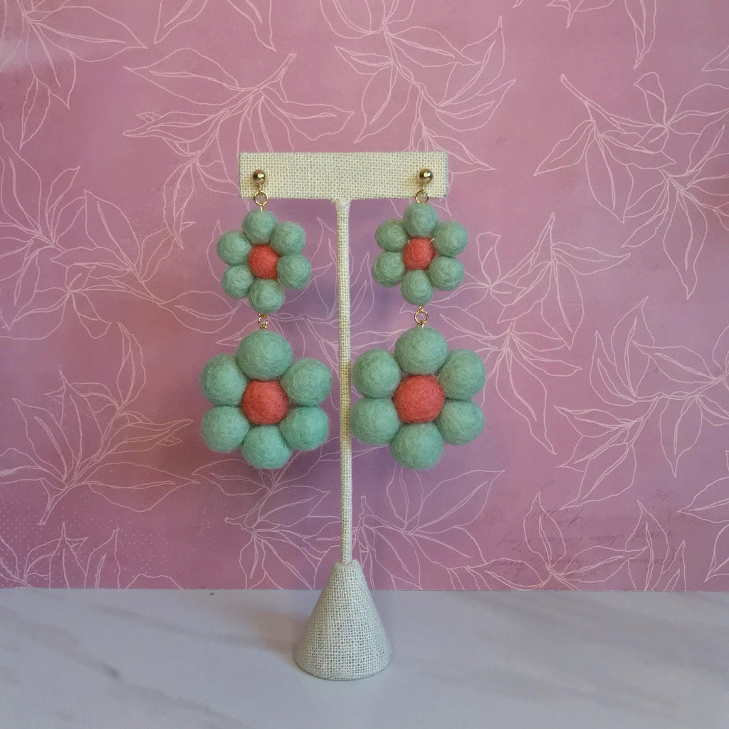 Sea Foam & Coral Double Daisy Earrings by honeyloomdesigns