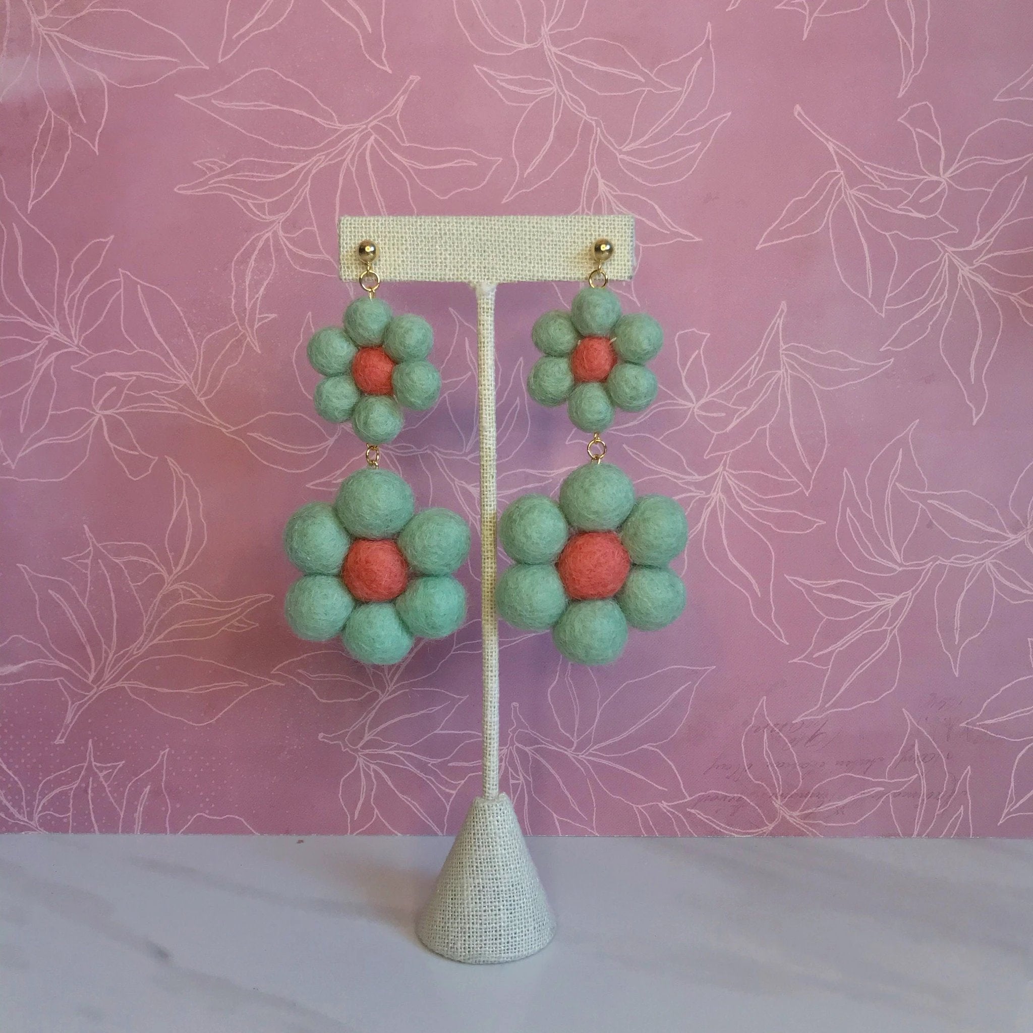 Sea Foam & Coral Double Daisy Earrings by honeyloomdesigns