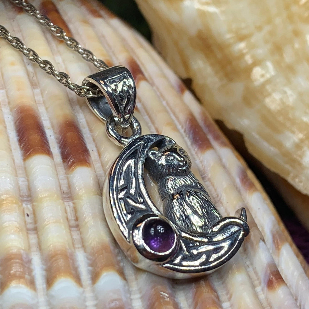 Celtic Cat in the Moon Necklace in Sterling Silver