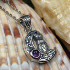 Celtic Cat in the Moon Necklace in Sterling Silver