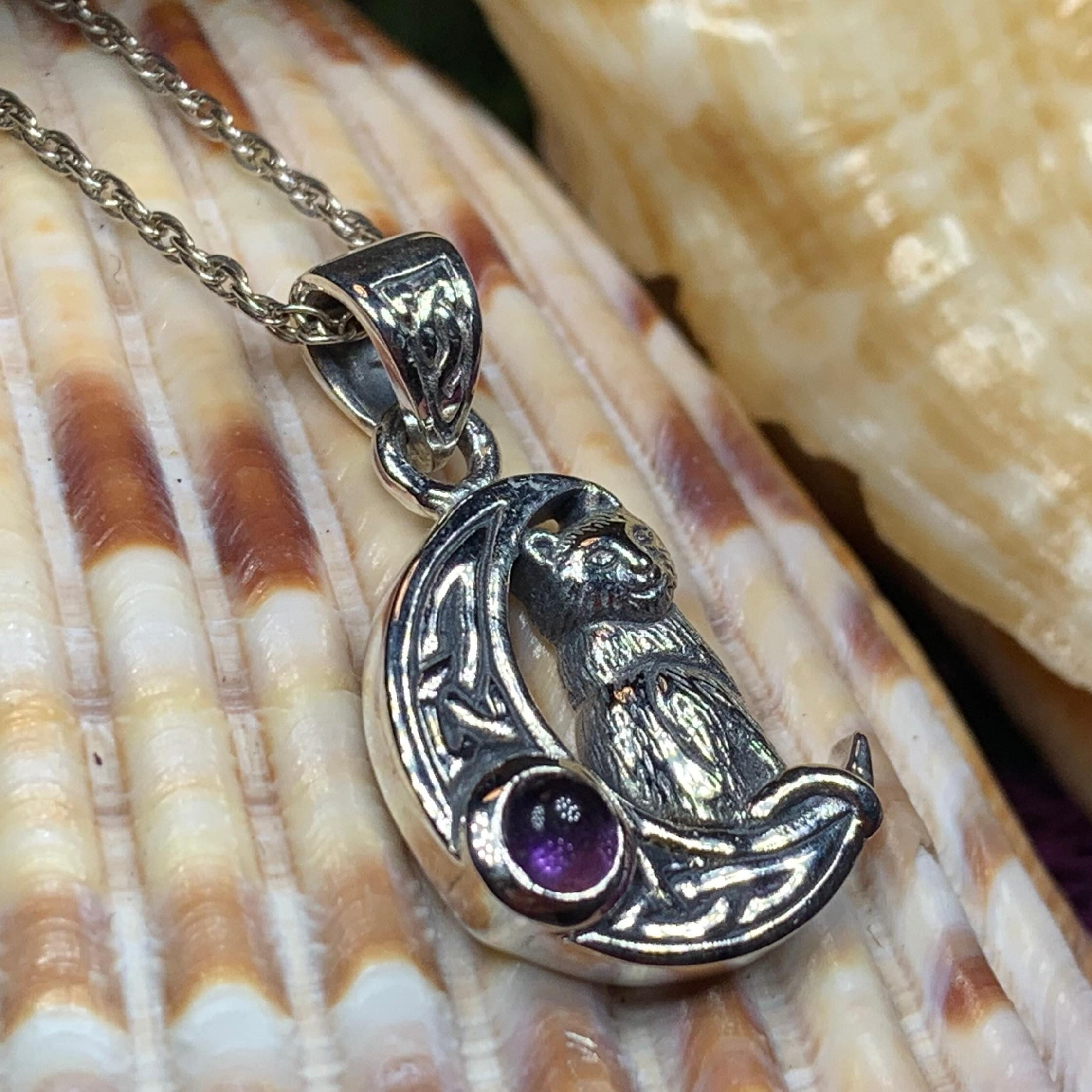 Celtic Cat in the Moon Necklace in Sterling Silver