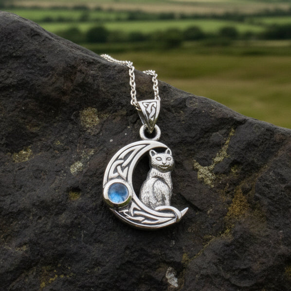 Celtic Cat in the Moon Necklace in Sterling Silver