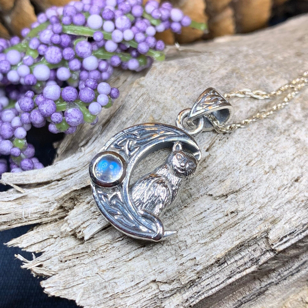 Celtic Cat in the Moon Necklace in Sterling Silver