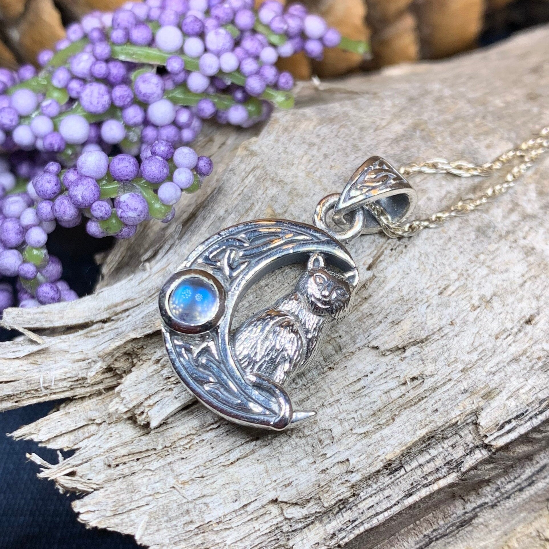 Celtic Cat in the Moon Necklace in Sterling Silver