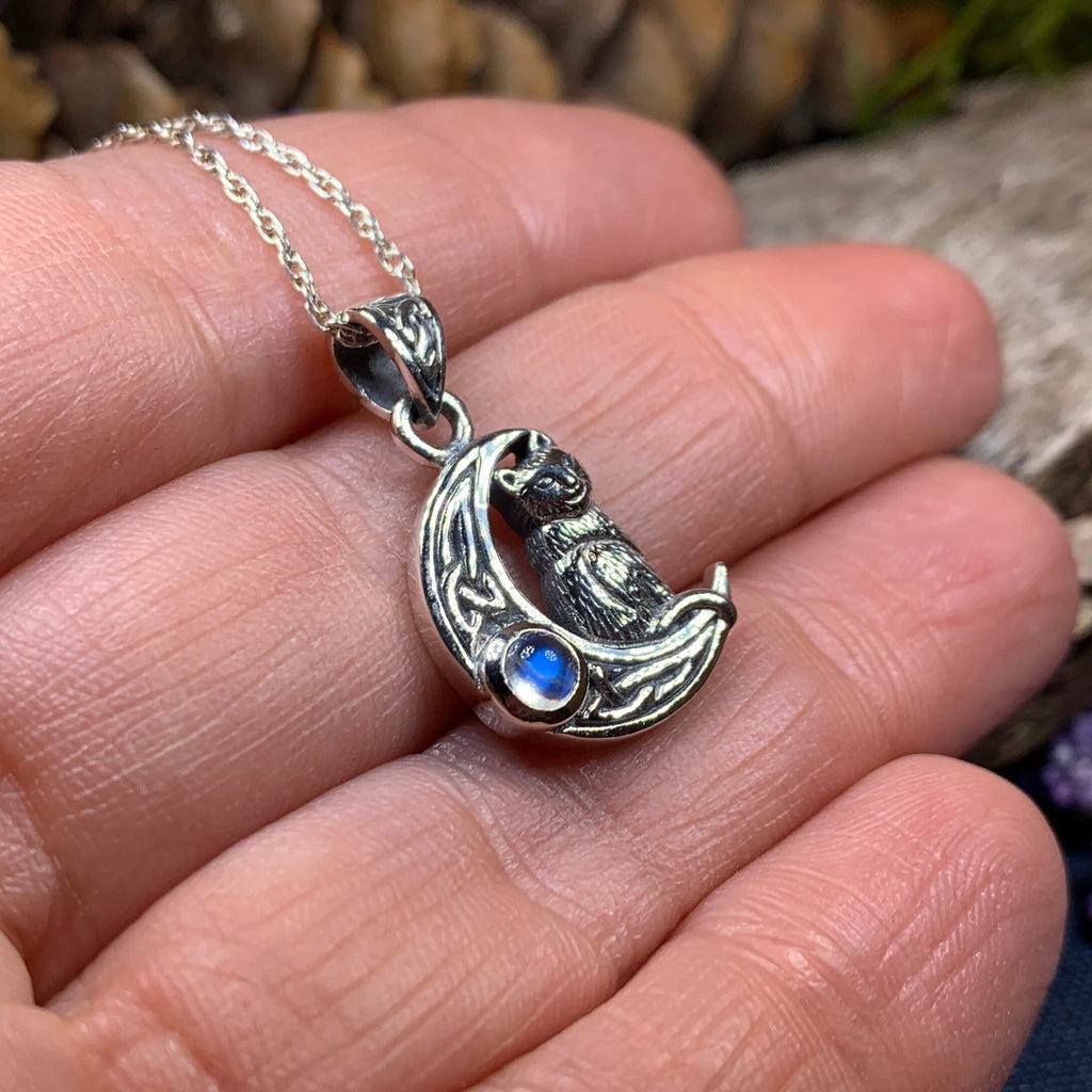 Celtic Cat in the Moon Necklace in Sterling Silver