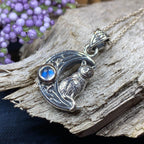 Celtic Cat in the Moon Necklace in Sterling Silver