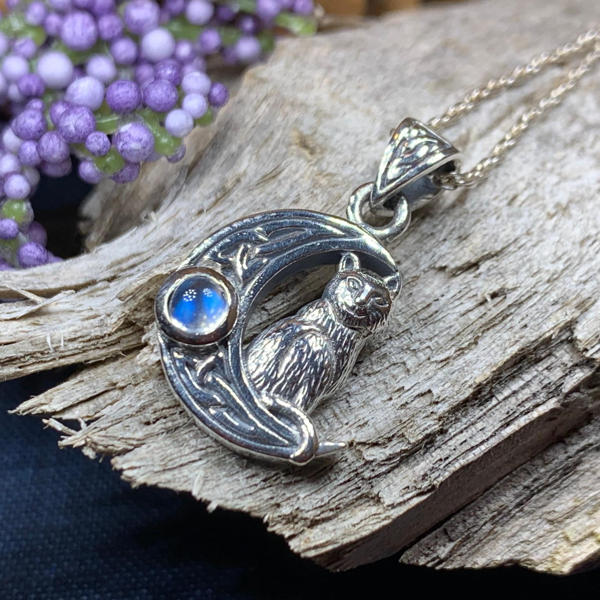 Celtic Cat in the Moon Necklace in Sterling Silver