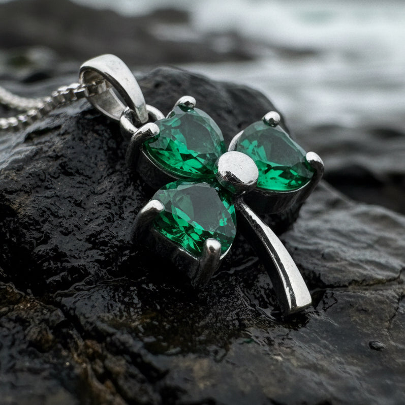 Emerald Irish Shamrock Necklace in Sterling Silver