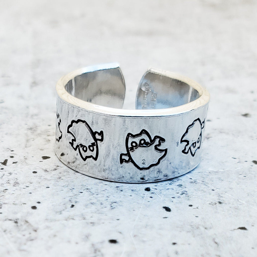 Ghost Cat Halloween Wide Open Back Band Ring