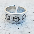 Ghost Cat Halloween Wide Open Back Band Ring