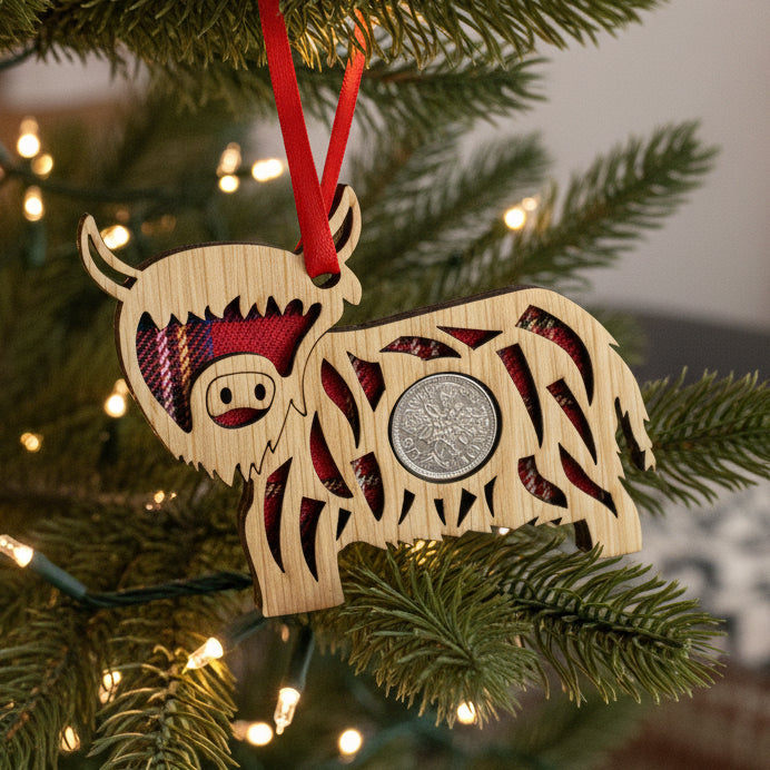 Tartan Highland Cow Lucky Sixpence Ornament
