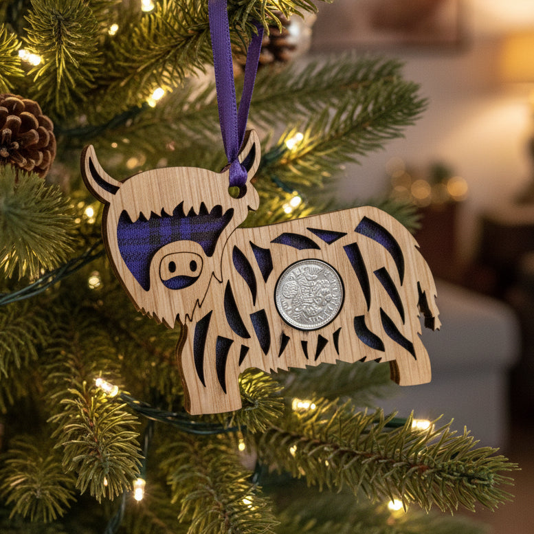 Tartan Highland Cow Lucky Sixpence Ornament