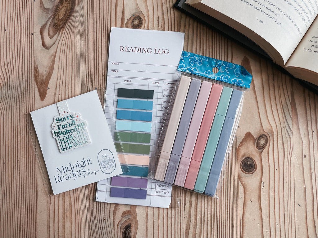 Book Annotating kit- bookmark reading log, annotating tabs, highlighters & a magnetic bookmark | Everything but the Book | Book Lovers kit