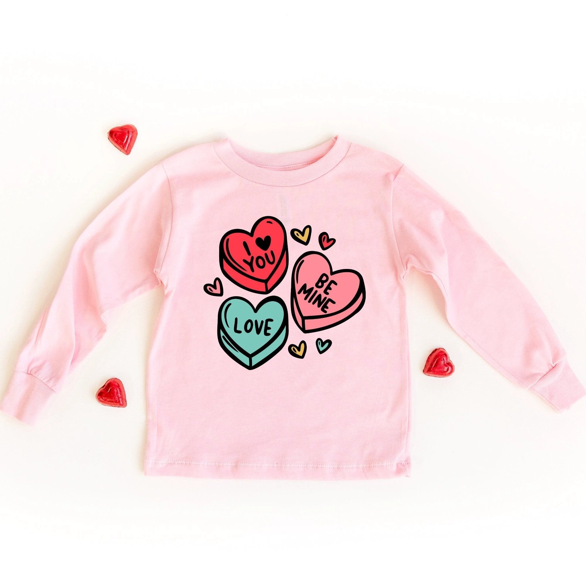 Candy Hearts Long Sleeve toddler and youth tee shirt, Valentine's Day collection by Benny and Ray Apparel