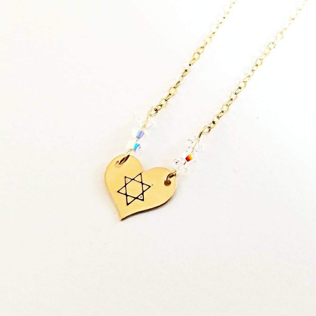 Dainty Star of David Gold Heart Necklace with Austrian Crystals