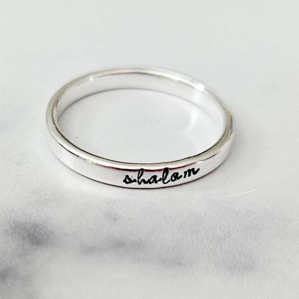 Shalom Sterling Silver Band Ring In English or Hebrew by Salt Sparkle Shalom