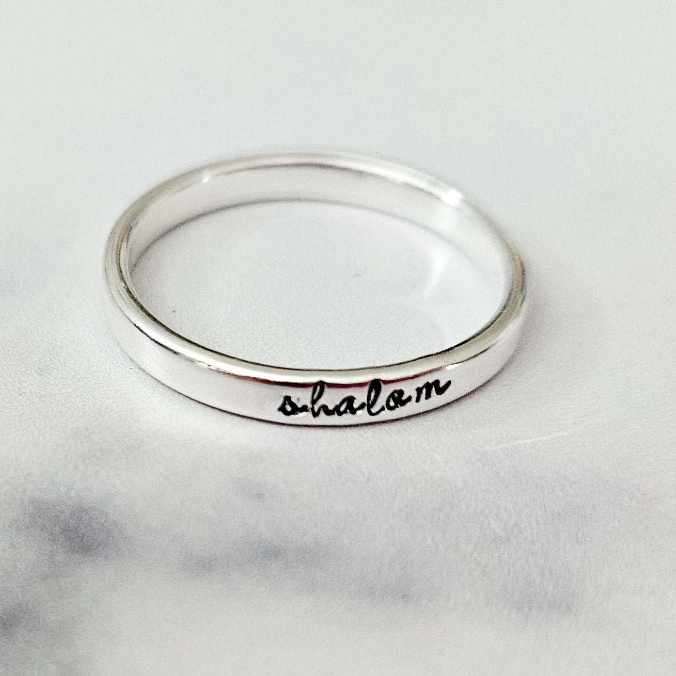 Shalom Sterling Silver Band Ring In English or Hebrew by Salt Sparkle Shalom