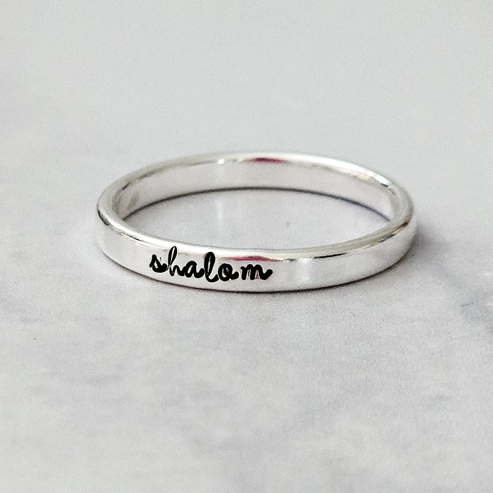 Shalom Sterling Silver Band Ring In English or Hebrew by Salt Sparkle Shalom
