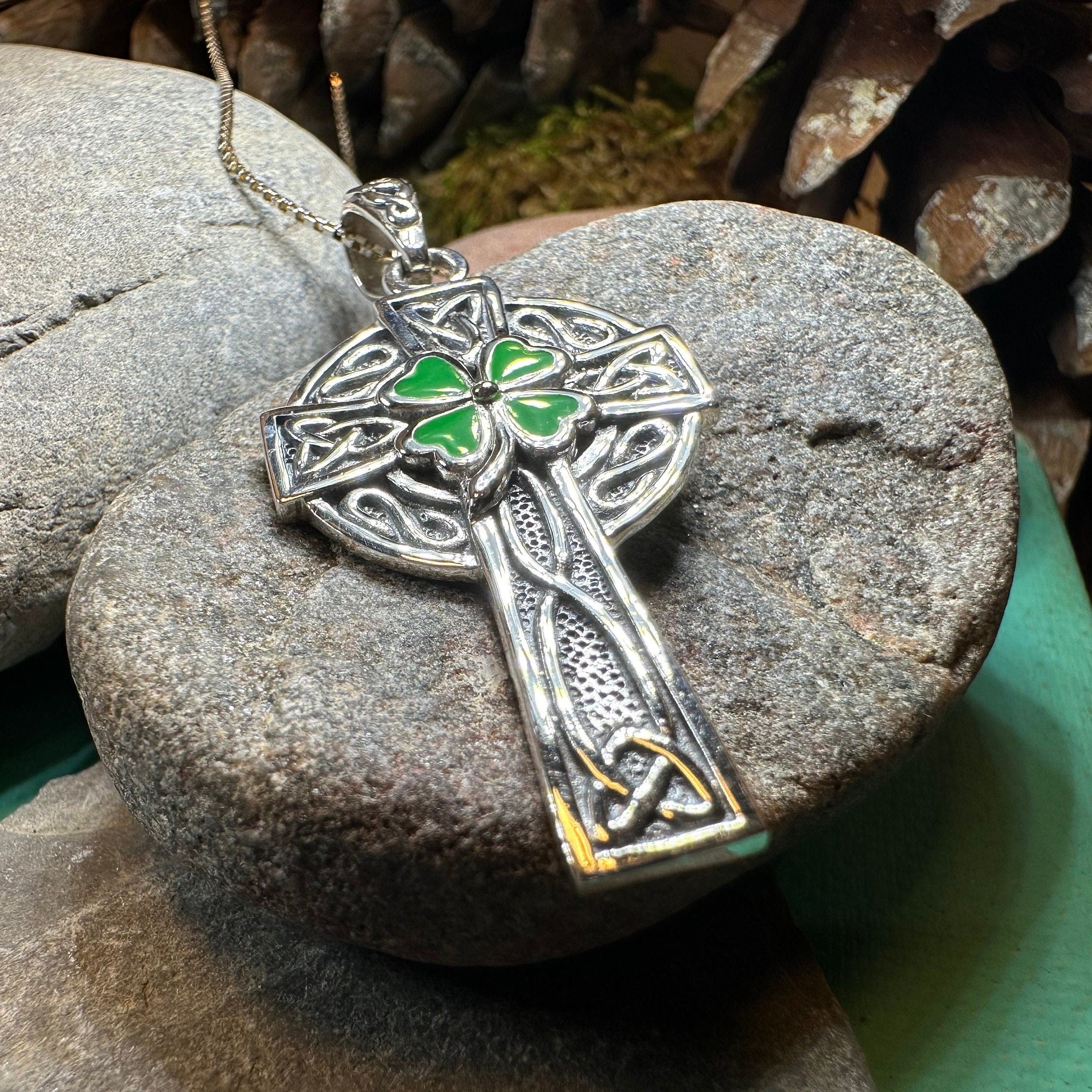 Shamrock Fields Irish Celtic Cross Necklace in Sterling Silver