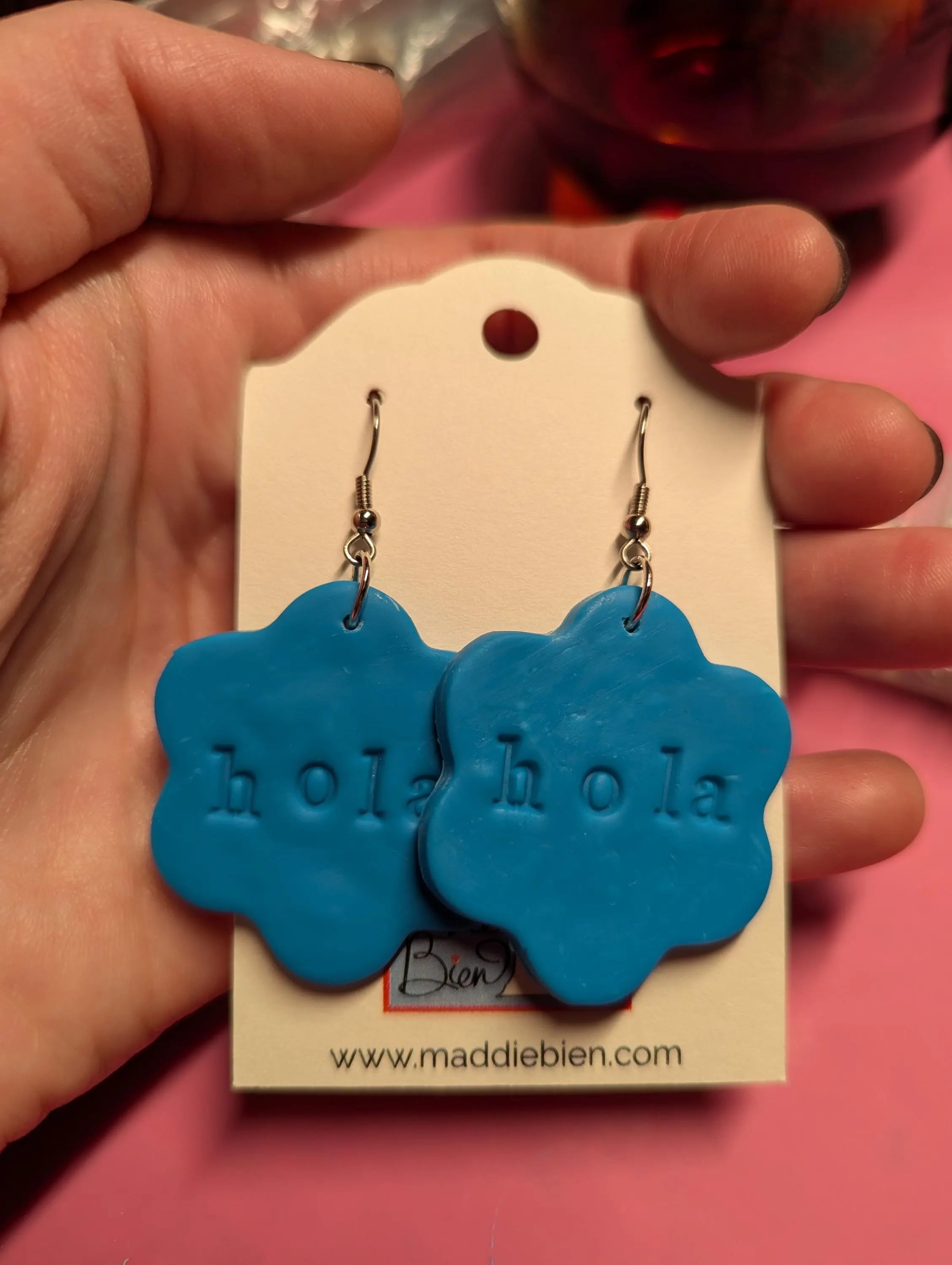 Hola Polymer Clay Earrings: Turquoise Flower, Bilingual Gift