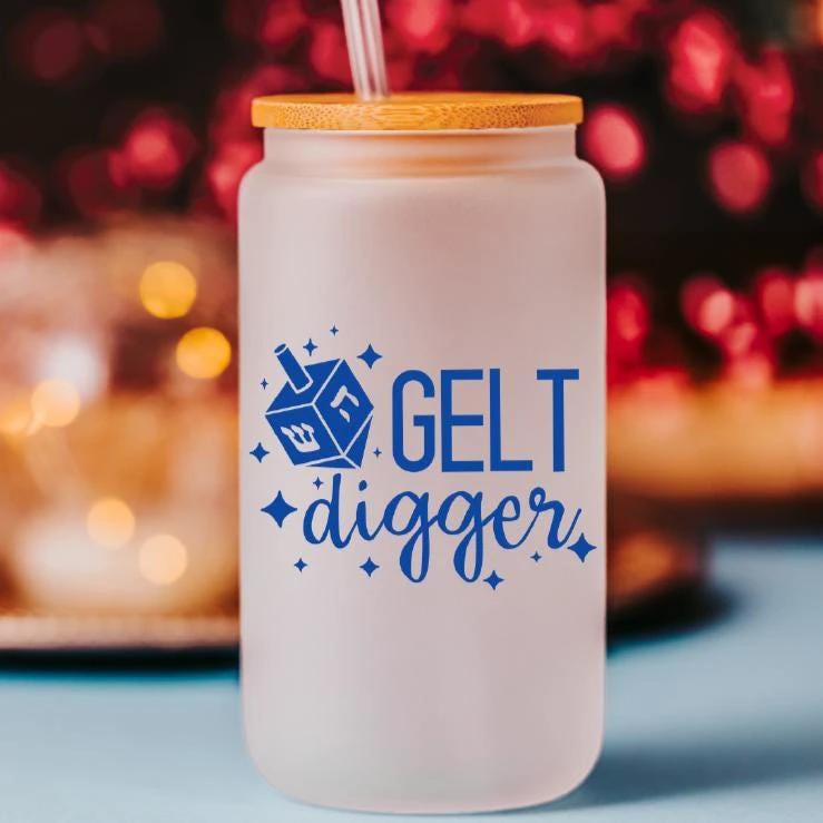 Gelt Digger Printed Glass Can Cup by Salt Sparkle Shalom