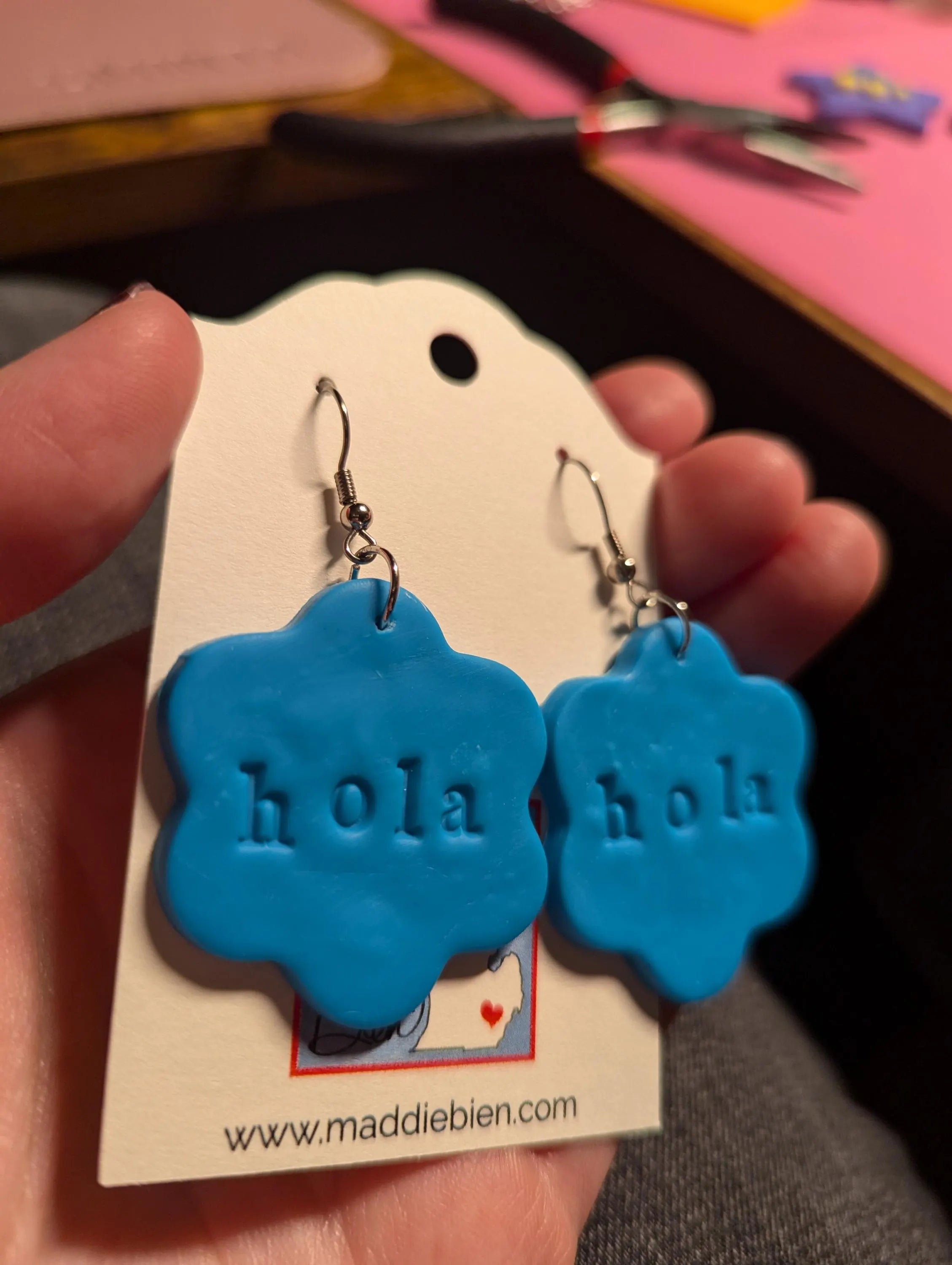 Hola Polymer Clay Earrings: Turquoise Flower, Bilingual Gift