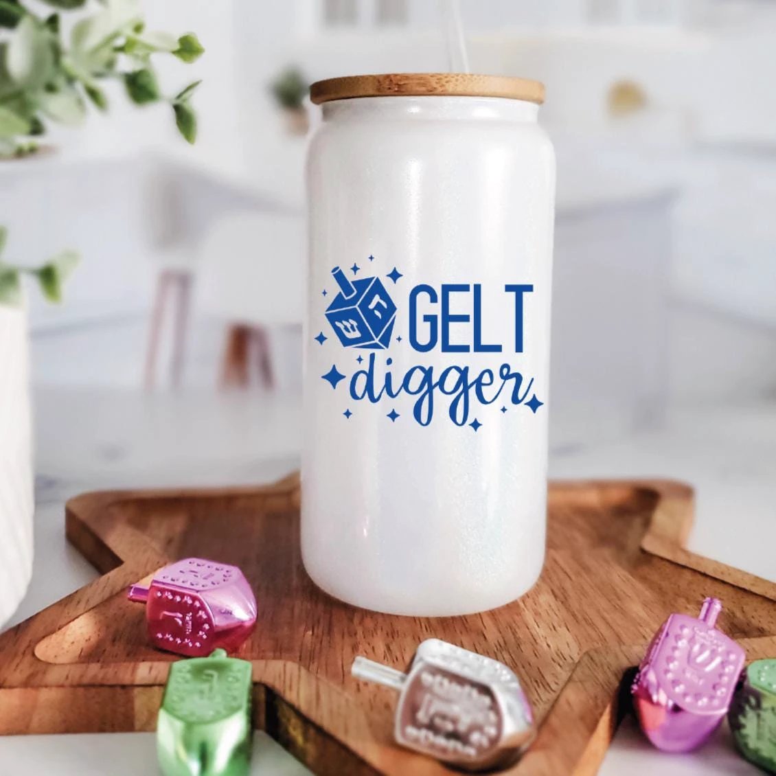 Gelt Digger Printed Glass Can Cup by Salt Sparkle Shalom